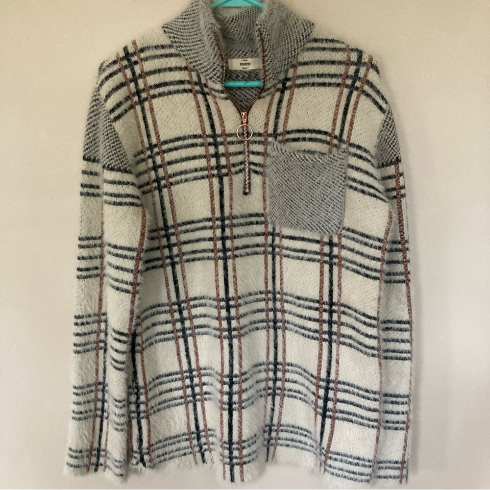 Entro Cream and Black Plaid Sweater